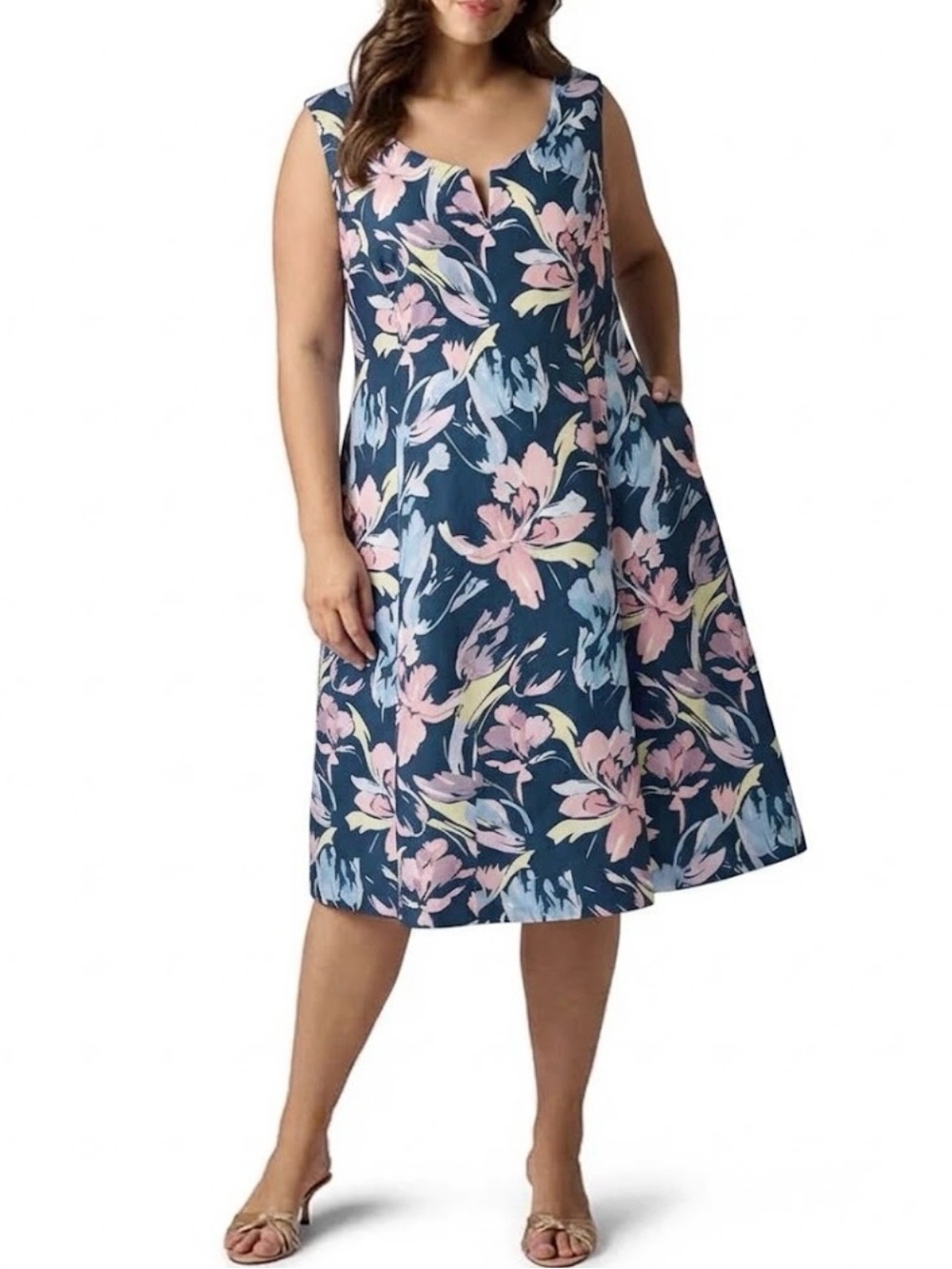 Adrianna Papell Printed Mikado Teal Floral Satin Pleated Skirt Midi Dress 22W